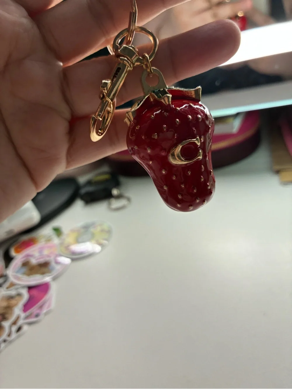 Gold-Tone Red Strawberry Key & Card Holder Charm